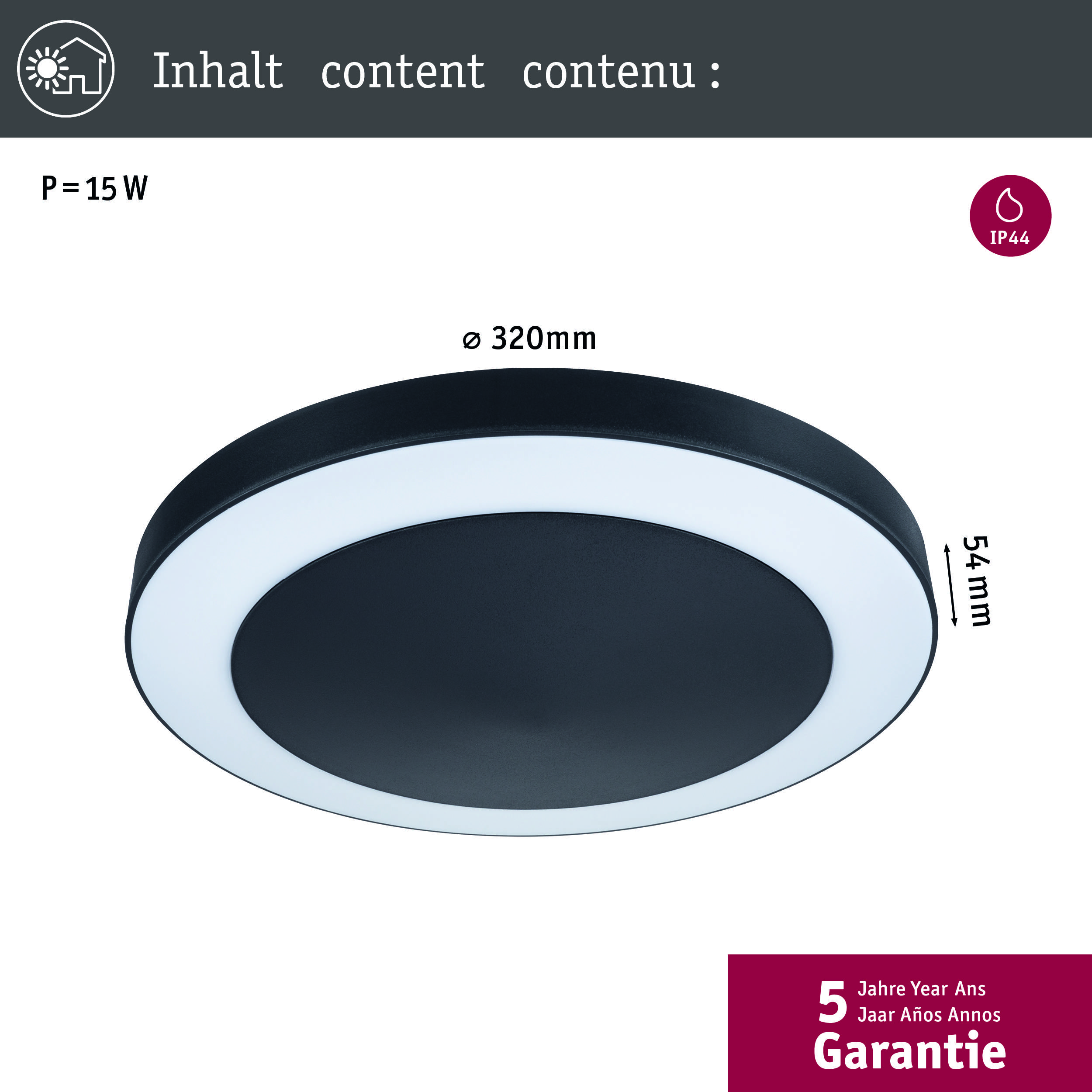 'Vgradna stropna svetilka, 15 W, premer 320 mm, višina 54 mm, IP44. 5 let garancije.'