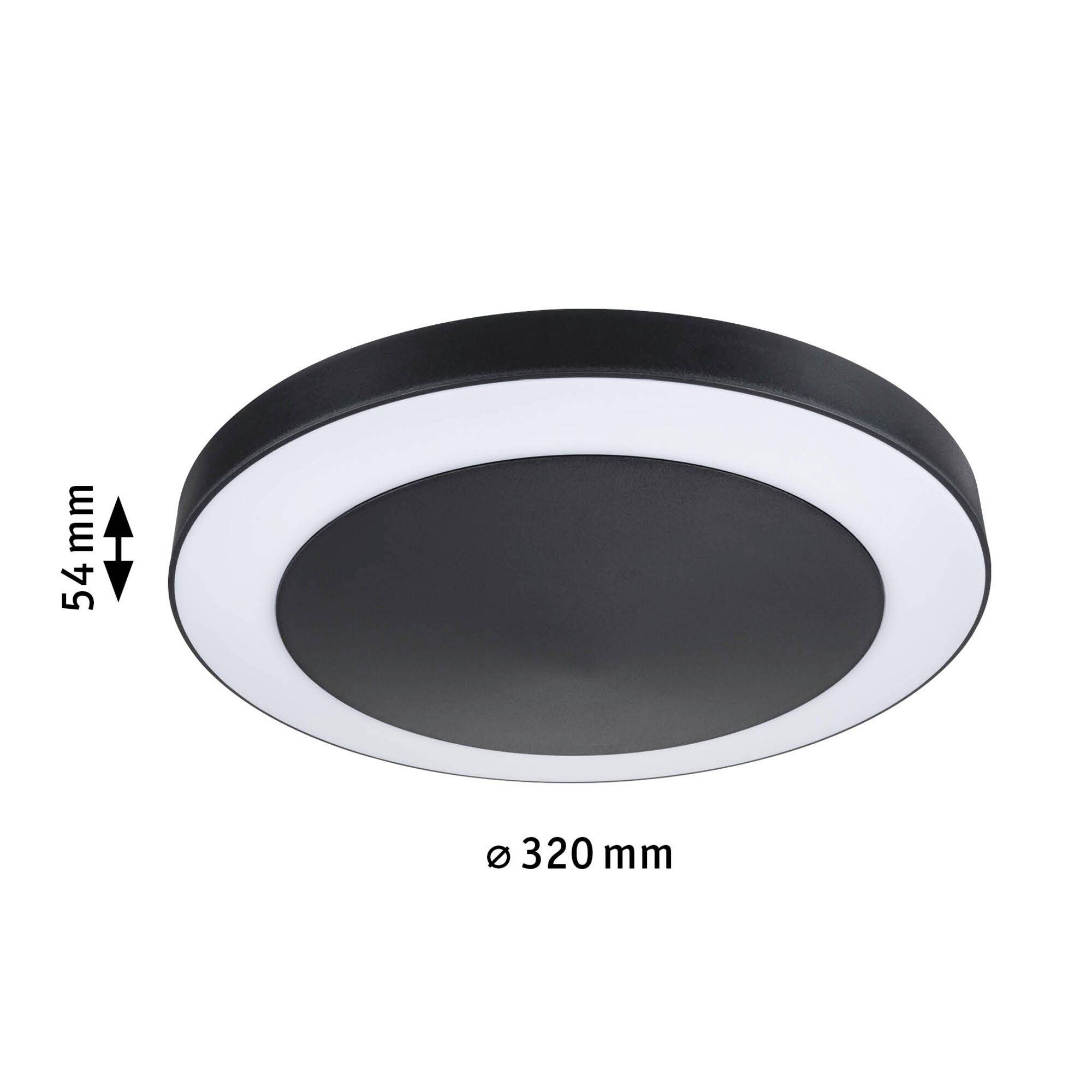 Črna, okrogla stropna svetilka z belim robom. Mere: premer 320 mm, višina 54 mm.