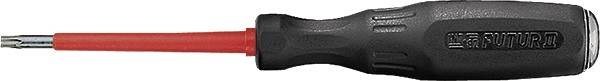 Izvijač z črnim, strukturiranim ročajem in rdečo, dolgo konico.