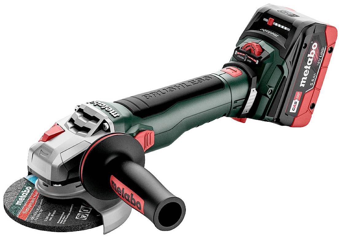 Akumulatorski kotni brusilnik Metabo, črno-rdeč, z ergonomskim ročajem in Metabo 18V akumulatorskim paketom. Primeren za brusilne dela.