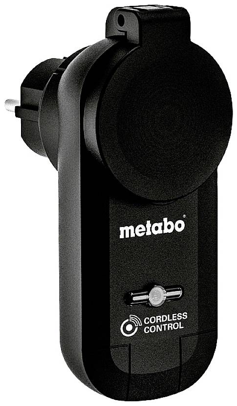 Vtičnica znamke 'Metabo' s stikalom, primerna za brezžično upravljanje električnih naprav. Kompaktna, črna zasnova.
