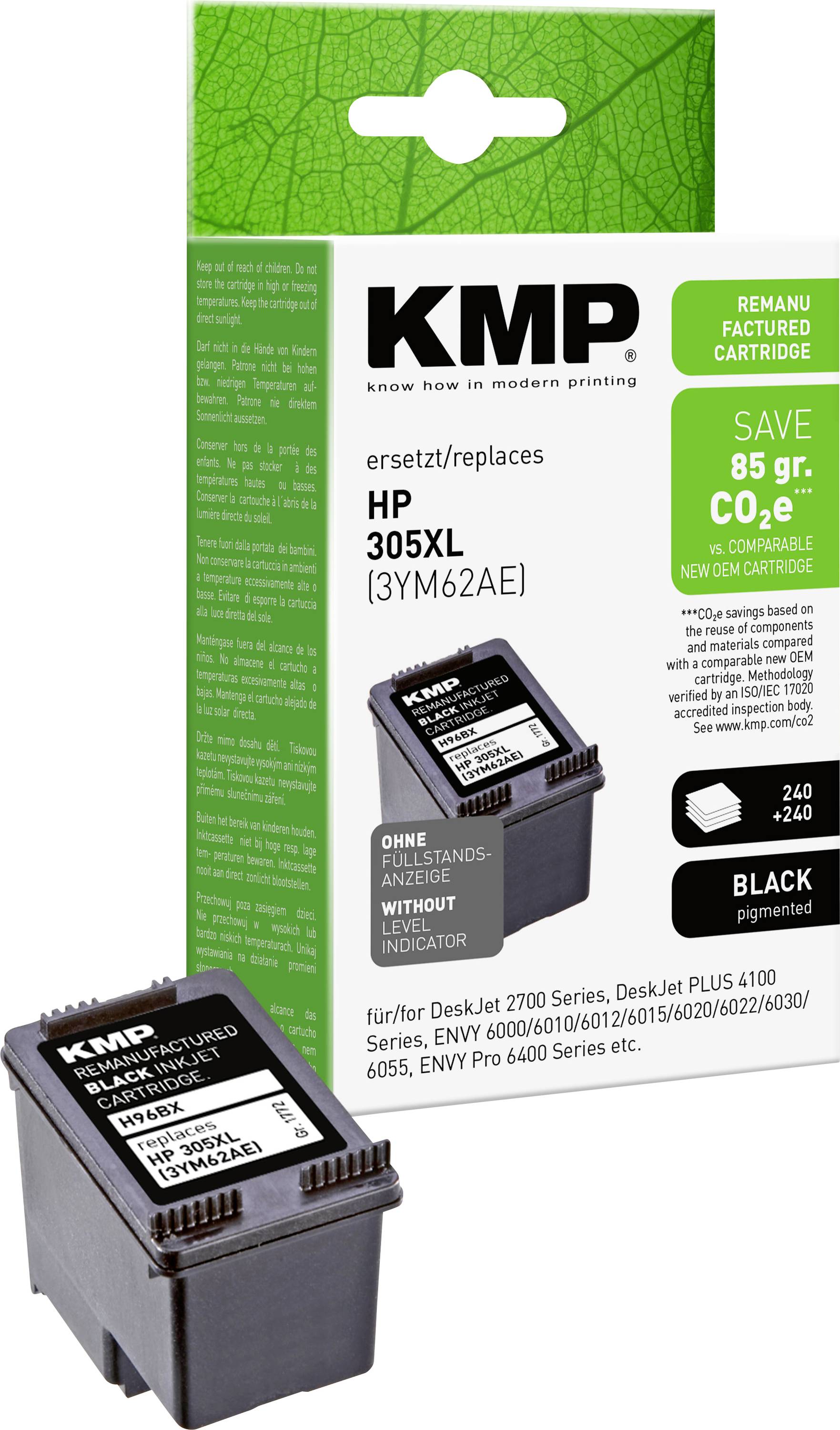 KMP ponovno proizvedena črna tinta v polnilni kartuši v embalaži in kartuši, označena kot nadomestek za HP 305XL (3YM62AE) za tiskalniške DeskJet in ENVY.