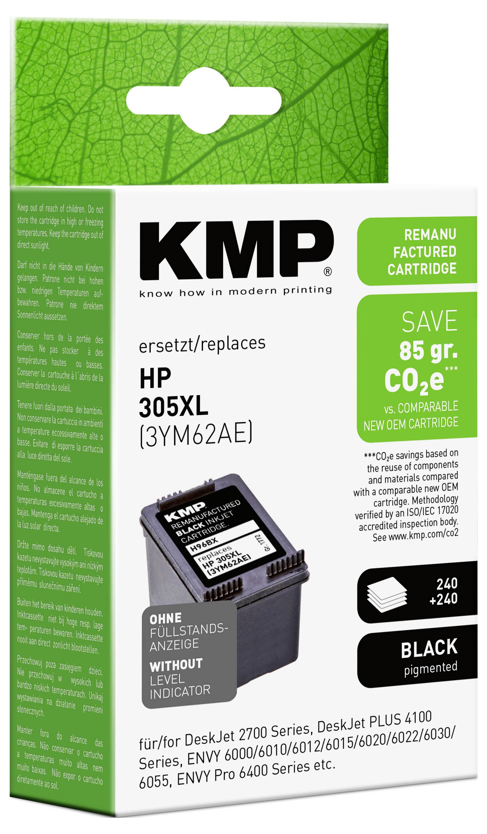 Nadomestna črna tintna kartuša KMP za HP 305XL, označena z "PRIHRANITE 85 gr. CO2e", "ČRNA pigment" in "BREZ INDIKATORJA NIVOJA".