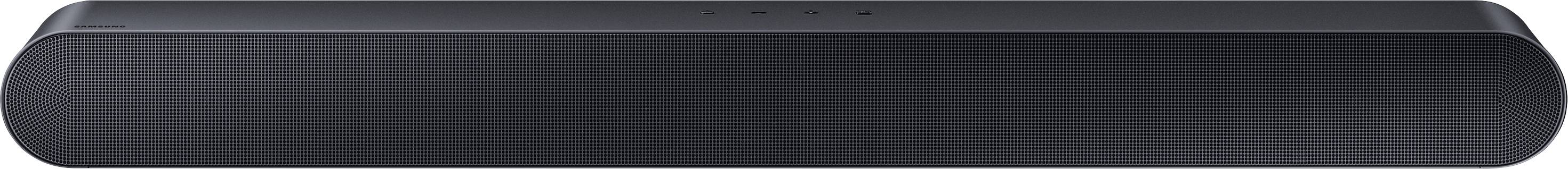 Črn soundbar na beli podlagi z gladko, minimalistično površino in ozkim dizajnom, primeren za domači kino.