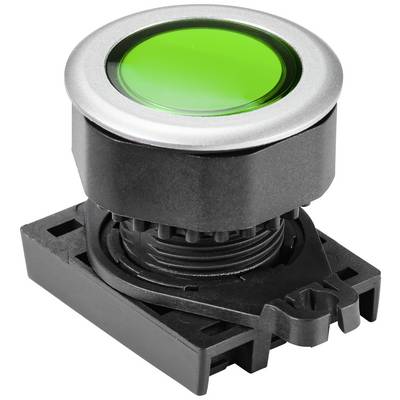 Okrogel zelen gumb s srebrnim robom, nameščen na črni osnovi, najverjetneje upravljalni element za stroje.