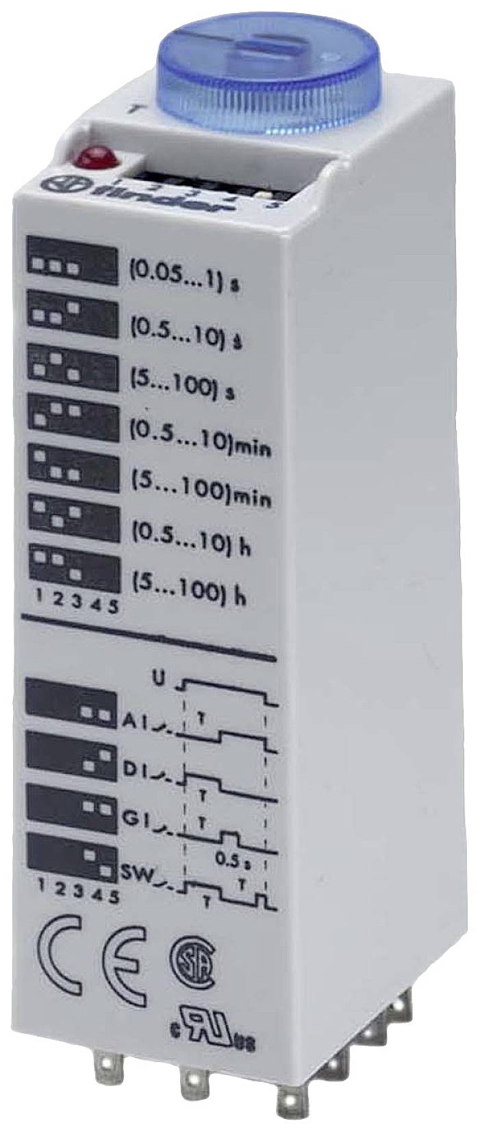 Časovno rele stikalo z vrtljivim izbirnim stikalom za nastavitve. Prikazuje območja sekund, minut in ur. Oznake za električne priključke.