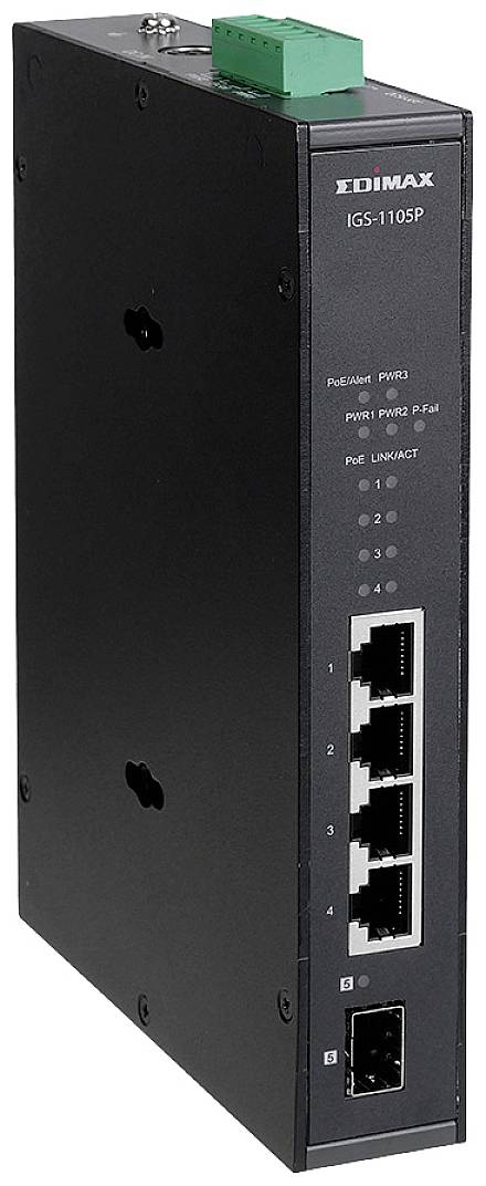 Črn omrežni switch s petimi Ethernet vrati in enim SFP portom. Switch je postavljen pokončno in prikazuje stran z vrati.