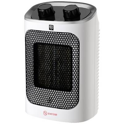 Prenosni grelni ventilator z dvema regulacijskima gumboma zgoraj in opozorilom "Ne prekrij" spodaj.
