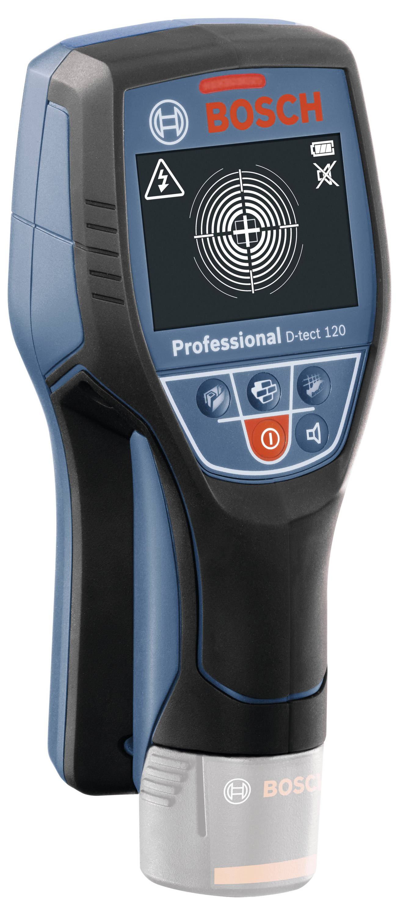 Slika Bosch Professional D-tect 120 detektorja, v modro-črni barvi, zaslon prikazuje križno orientacijo, namenjen zaznavanju predmetov v stenah.