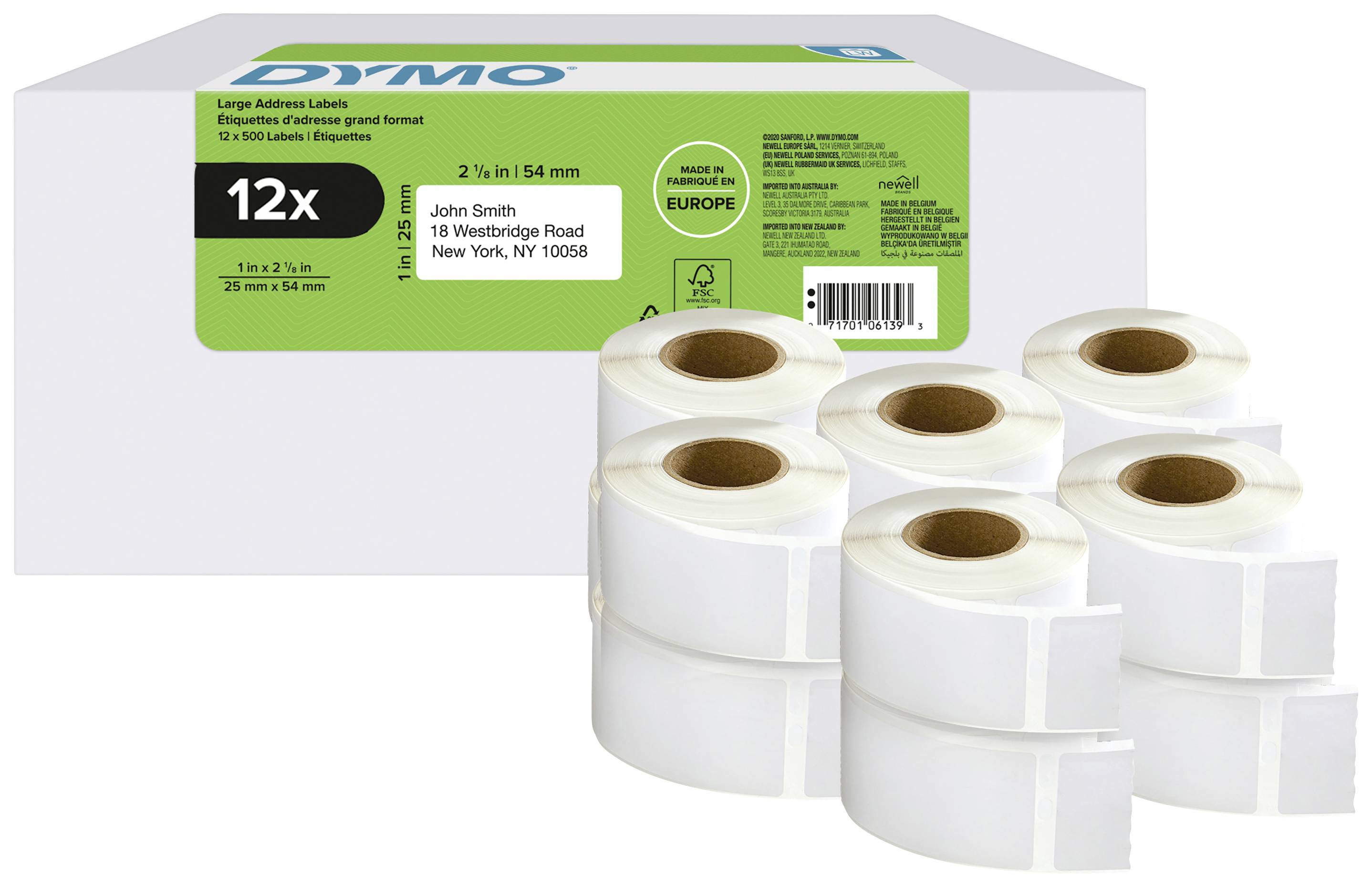 Šest rol belih Dymo naslovih nalepk, primernih za tiskalnike. Na embalaži piše: '12x', mere: 25 mm x 54 mm, 'John Smith, Westbridge Road 18, New York, NY 10058'.