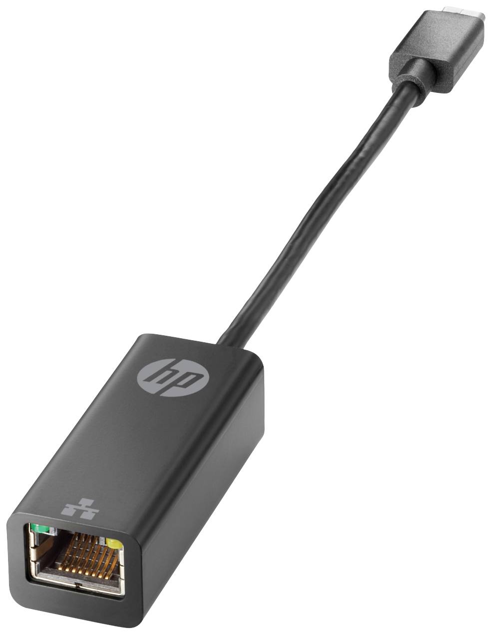 Črn HP omrežni kabelski adapter iz USB na Ethernet, ki prikazuje blagovno znamko in priključna področja na obeh koncih.
