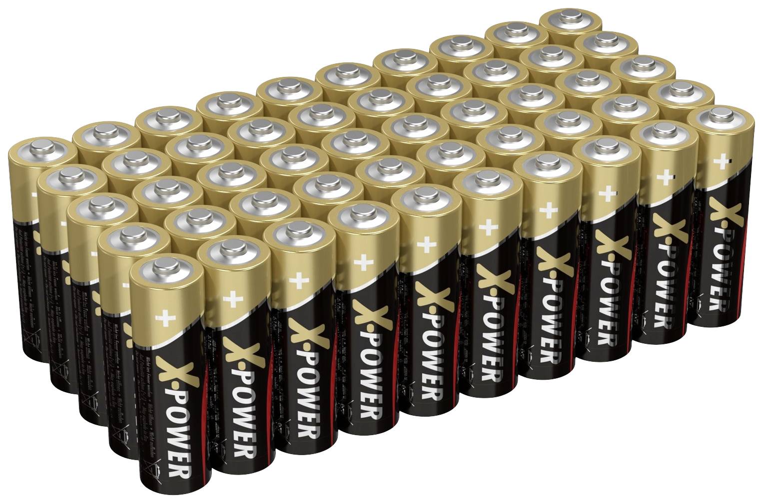 Velika quantidade baterij X-Power AA je zloženih v več vrstah. Imajo zlate zgornje dele in črne spodnje dele.
