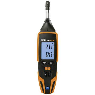 Digitalna merilna naprava za prikaz temperature '23,1°C' in vlažnosti '64,3%'. Naprava ima zaslon in tipke za upravljanje.