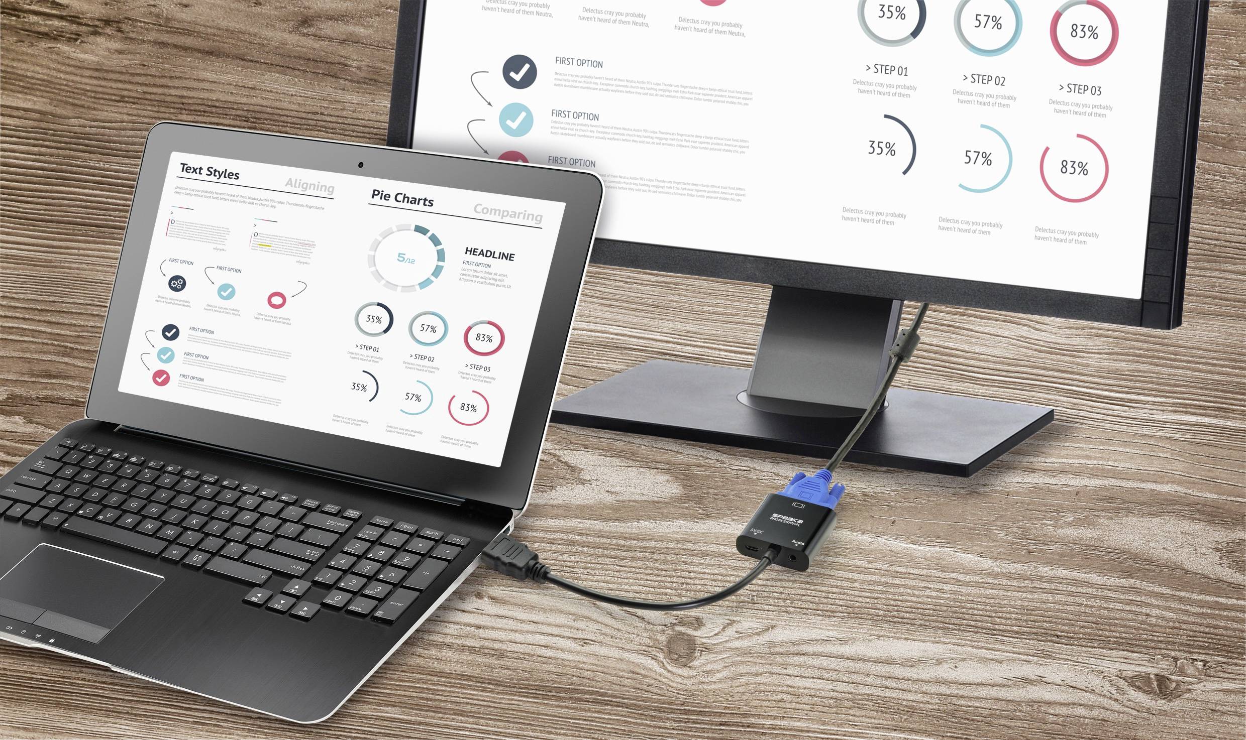 Prenosni računalnik je s kablom povezan z monitorjem. Oba zaslona prikazujeta diagrame in statistike.