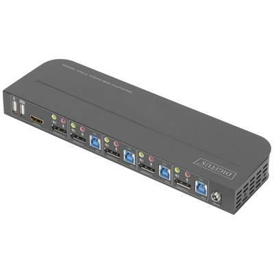Dokovalna postaja Digitus 7 Port, USB 3.0, HDMI, avdio priključki prikazuje različne vhode za razširjeno povezljivost na sivi ohišju.