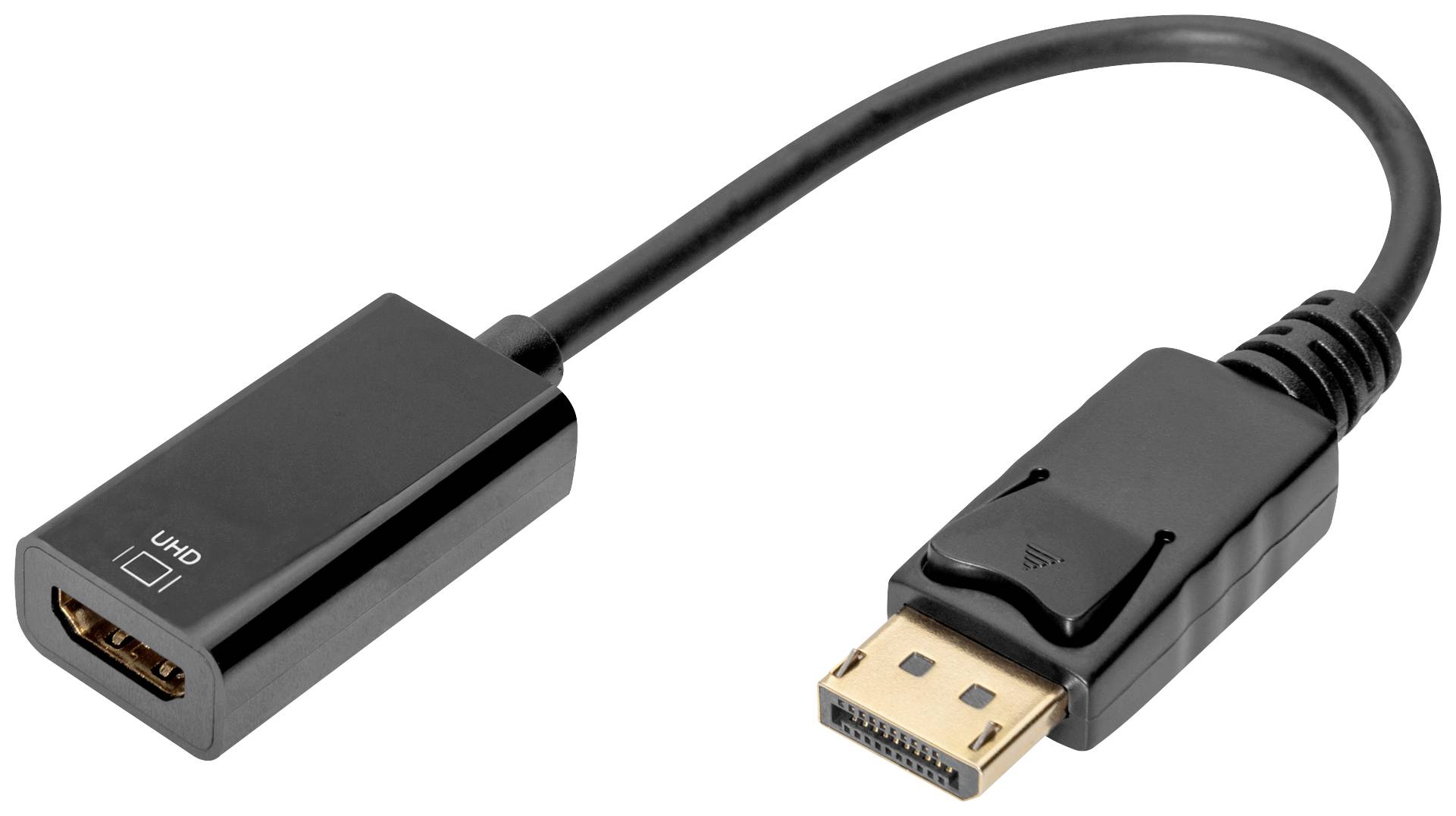Črn kabel z DisplayPort vtikačem na eni strani in HDMI priključkom na drugi, uporabljen za povezovanje monitorjev.