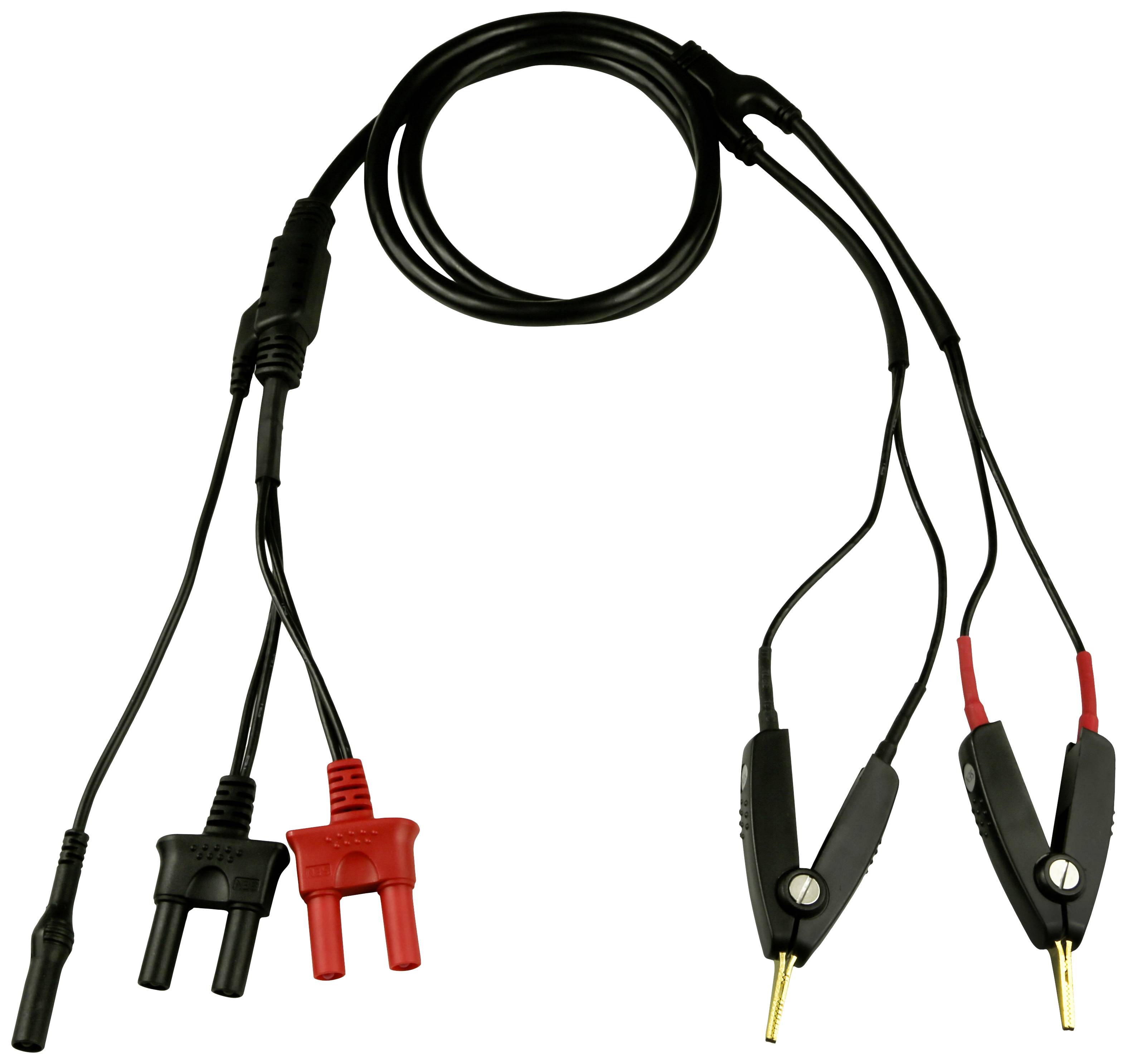 Kabel s preizkusnimi konicami in sponkami v črni in rdeči barvi za električne meritve.