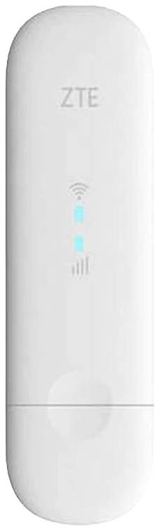 Bel USB-internetni modem znamke ZTE z modrimi LED-indikatorji za jakost signala in povezavo.