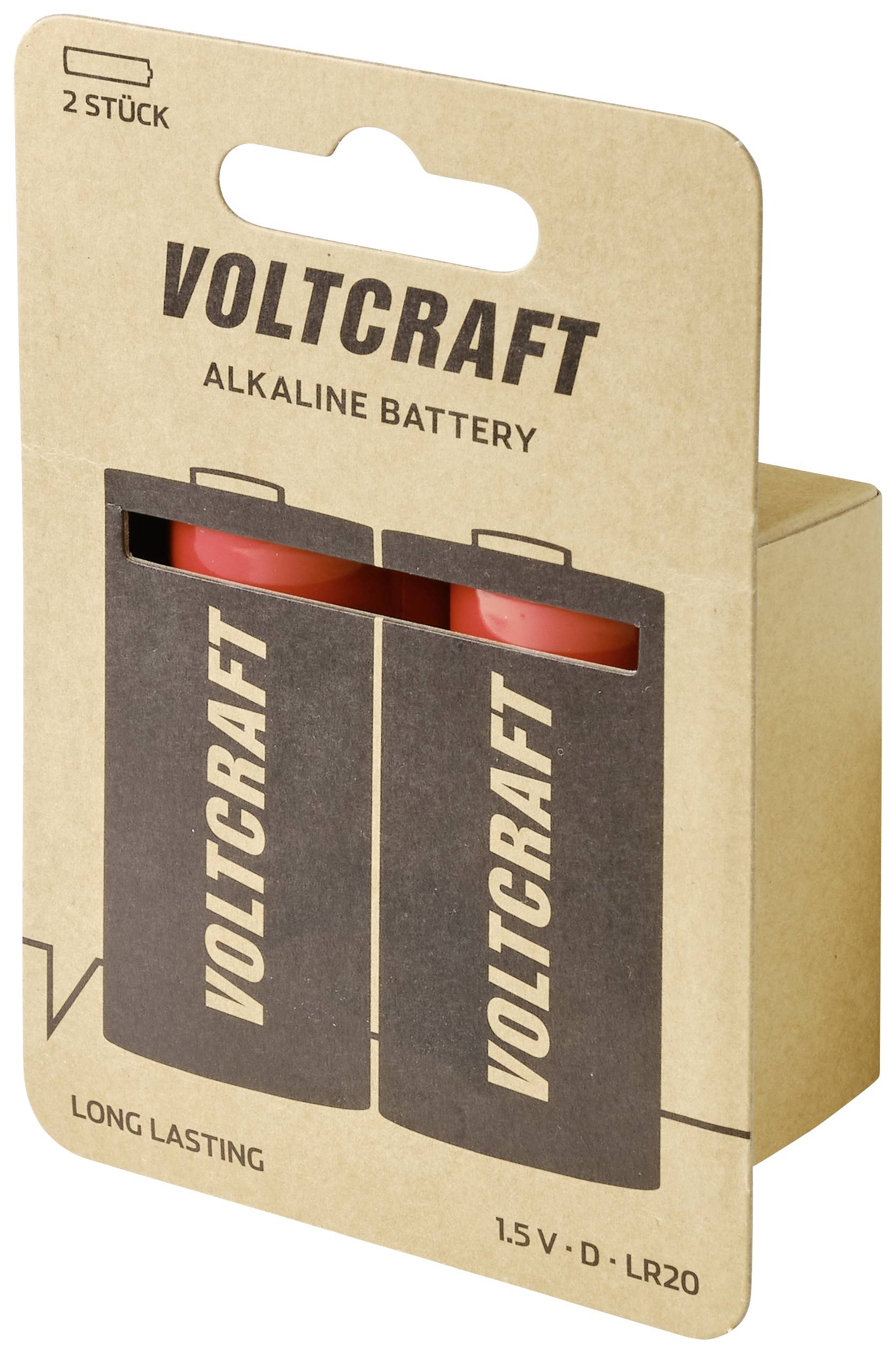 Dva Voltcraft alkalna elementa, velikost D, v rjavi embalaži, označena z 'Dolgotrajno' in '1.5 V - D - LR20'.