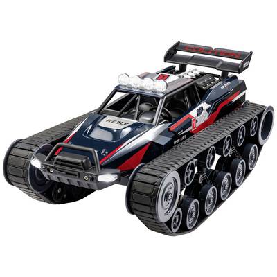 Igrača avtomobil s traktorskimi kolesi, rdeče-črno barvo in žarometi na strehi. Model 'Rezly' na pokrovu motorja.