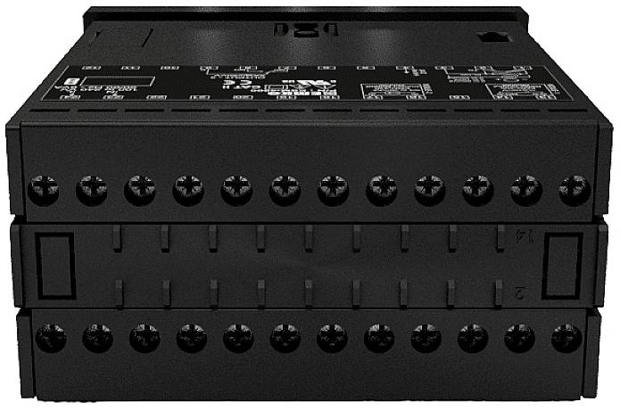 Črna elektronska naprava z več priključki, verjetno krmilna enota ali relejski modul, z tehničnimi načrti zgoraj.