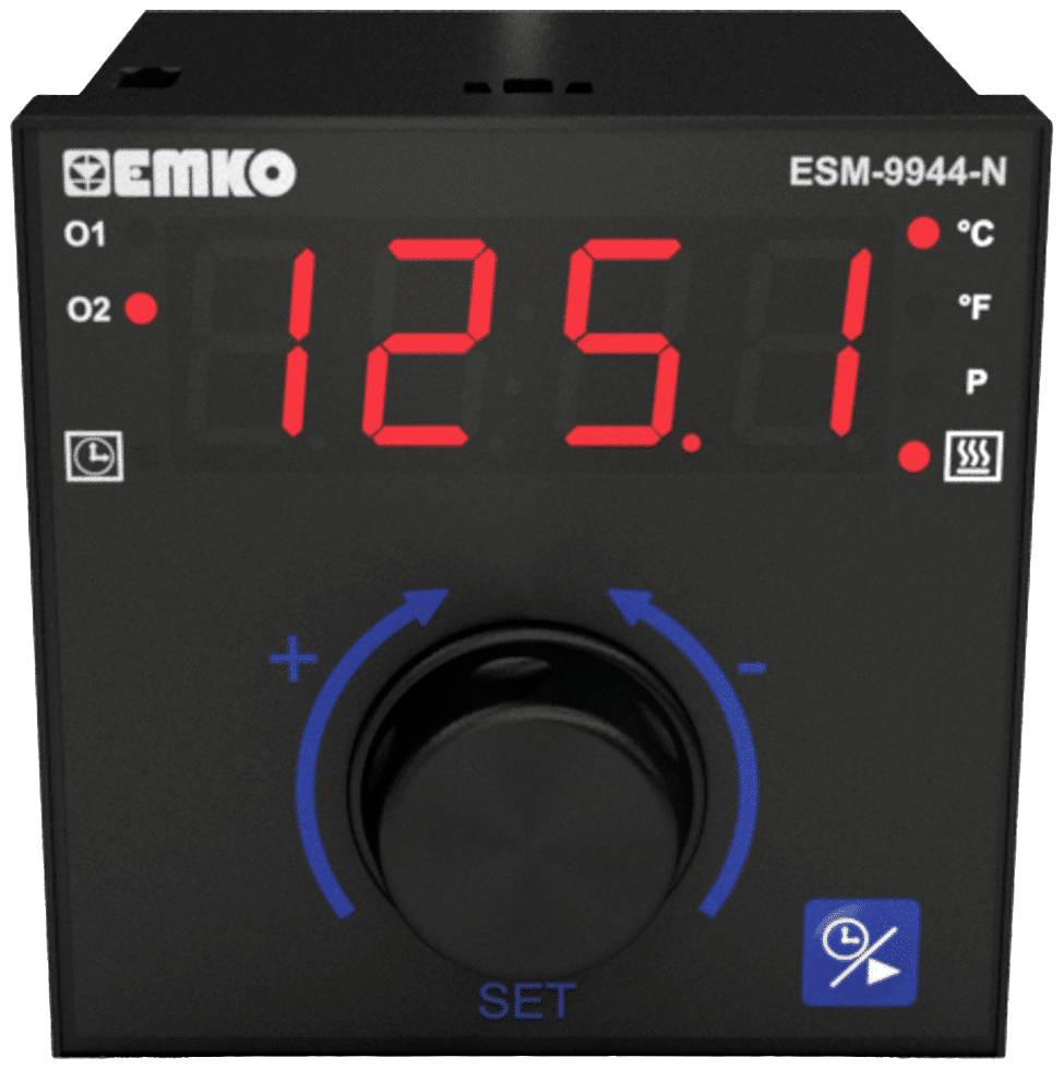 Elektronski temperaturni regulator prikazuje '125,1°C'. Veliko vrtljivo kolo na sredini z modrimi oznakami za nastavitev.