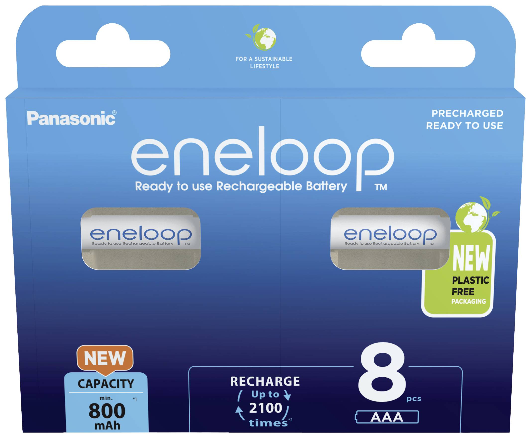 'Panasonic eneloop AAA polnilne baterije, 8 kosov, 800 mAh kapaciteta, do 2100 polnjenj, embalaža brez plastike.'