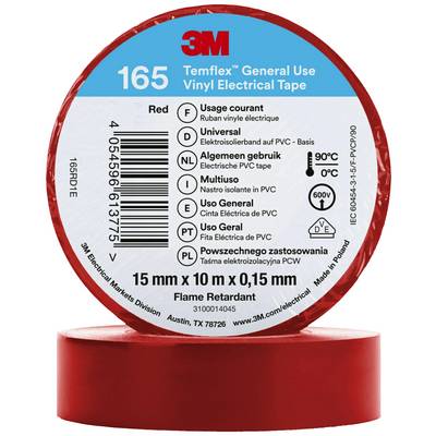 Rote 3M Temflex 165 vinilni elektroizolacijski trak. 'Univerzalen', '15 mm x 10 m x 0,15 mm', sredstvo za požarno zaščito, večjezične nalepke.