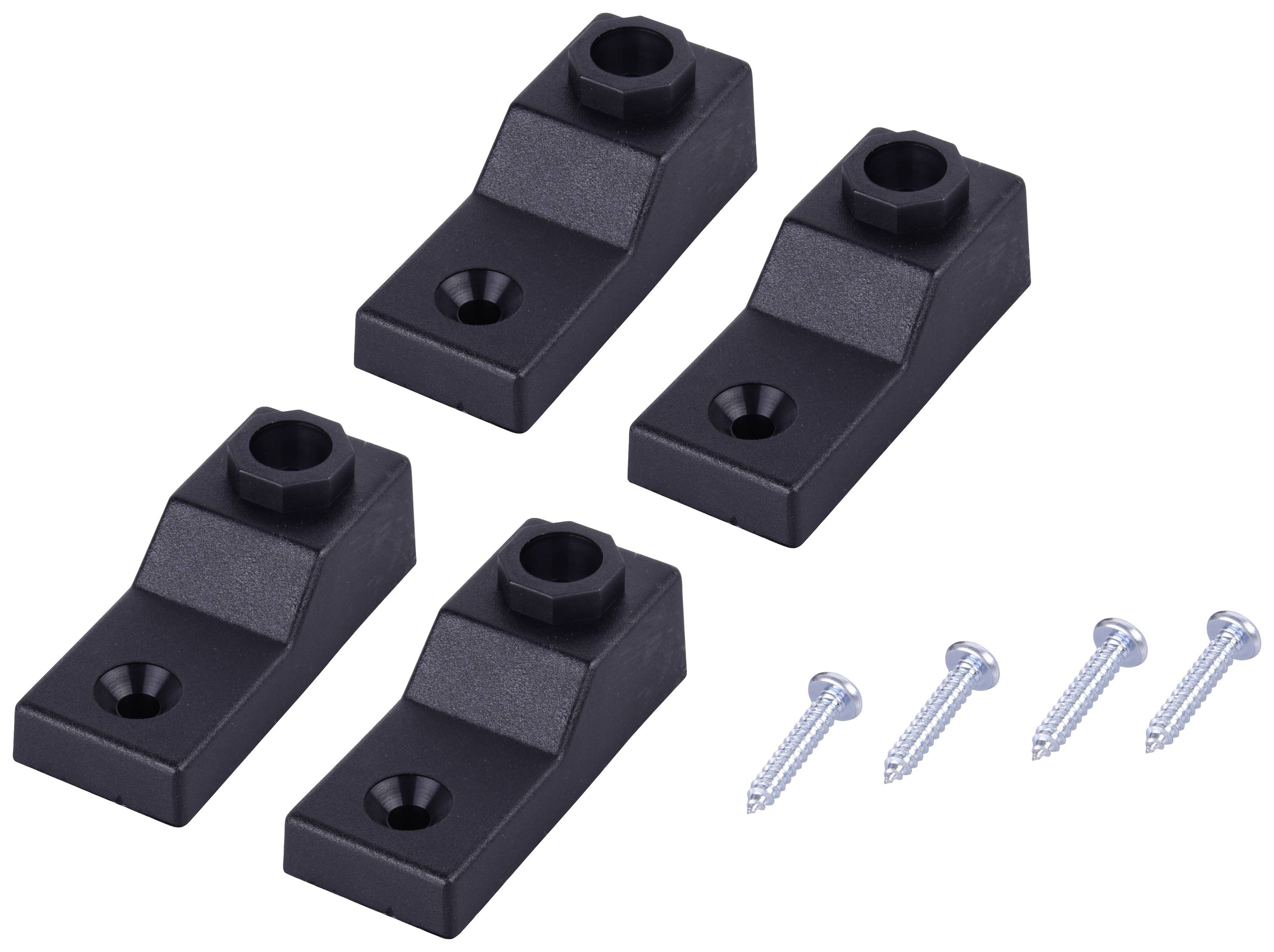 Štiri črne plastične nosilce z luknjami ter štiri srebrne vijake, verjetno za pritrditev.