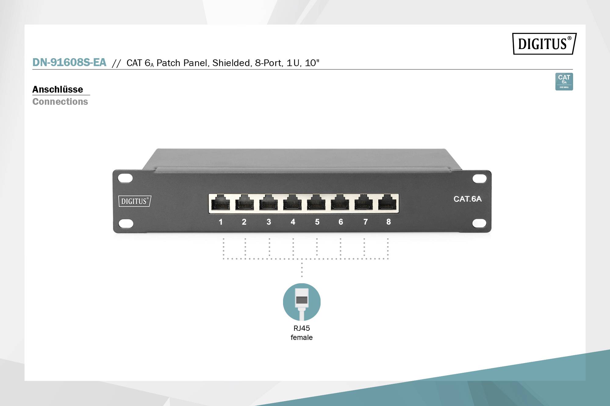 CAT 6 patch panel z 8 RJ45 priključki, primeren za 1U montažo v omaro. Logotip 'DIGITUS' zgoraj desno.