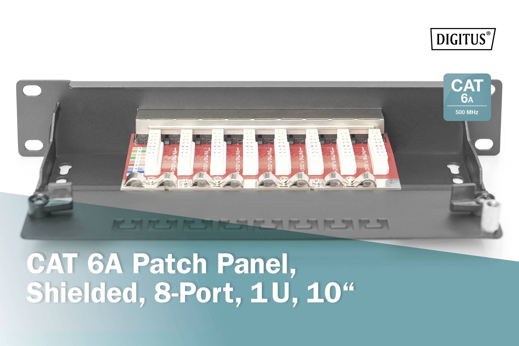 Patch panel z 8 priključki. Oznaka: 'CAT 6A patch panel, zaščiten, 8-portni, 1U, 10"'. Levo logotip CAT 6A z '500 MHz'.