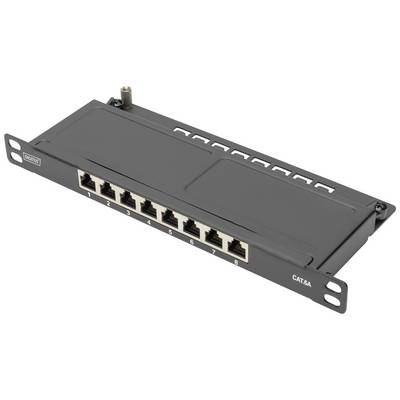 Patch panel z osmimi oštevilčenimi Ethernet priključki za omrežno ožičenje. Oznaka 'CAT.6A' je vidna spodaj desno.