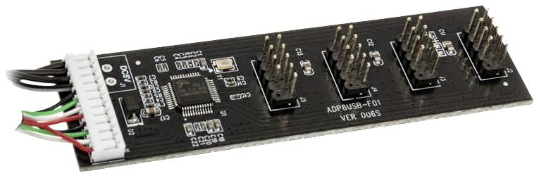 Elektronski element z več priključki, z belim priključkom na levi strani in označeno oznako 'ADP003-6-01'.