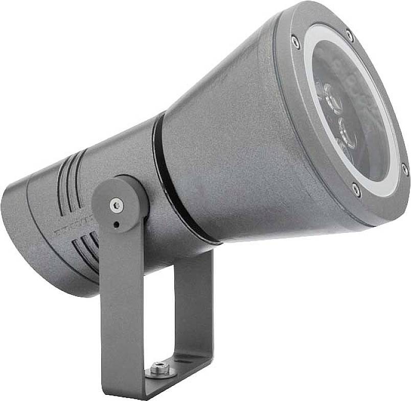 Cilindričen siv LED reflektor z držalom za osvetljevanje zunanjih prostorov.