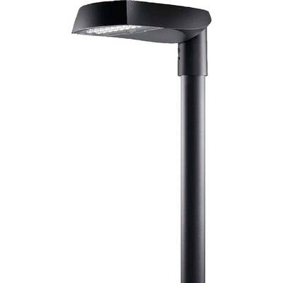 Črna LED-cestna svetilka z ozkim, cilindričnim drogom in pravokotno svetilko, ki seva svetlo svetlobo navzdol.