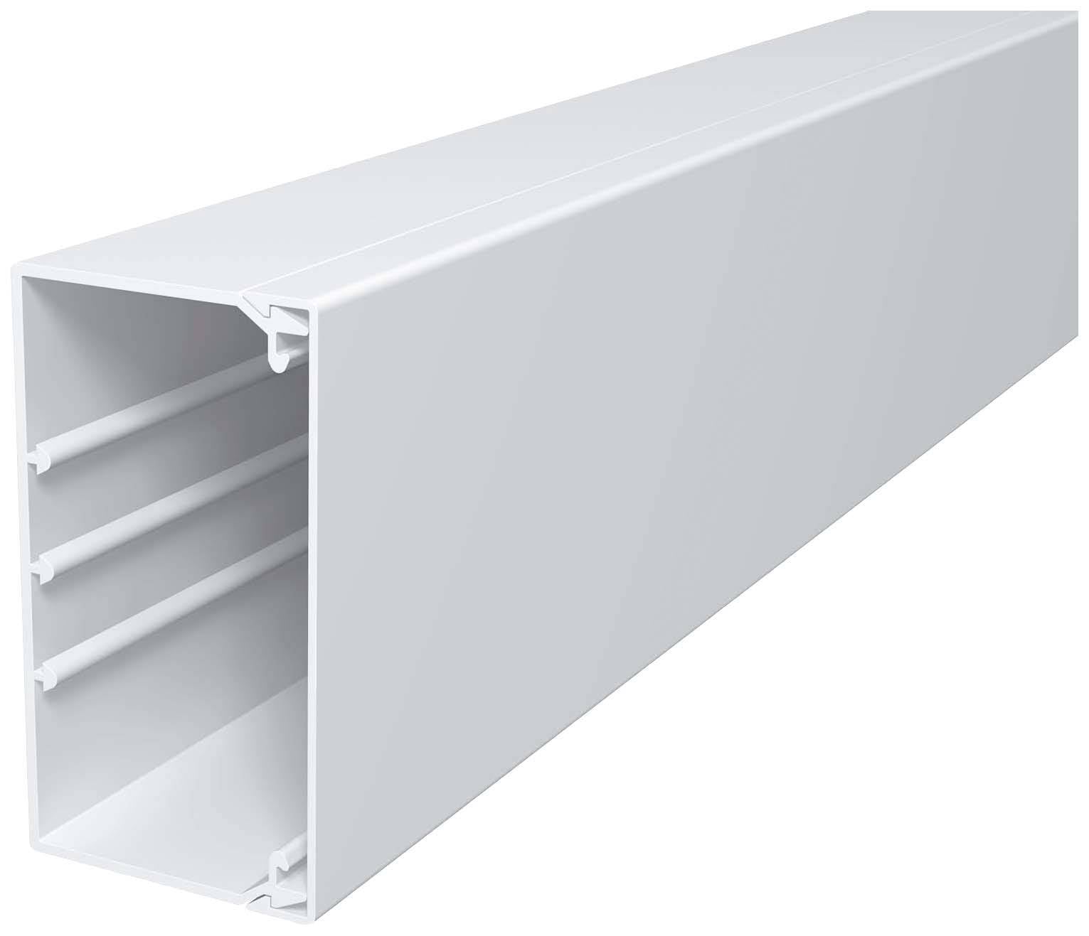 Pravokotni, bel profil kabelskega kanala s tremi horizontalnimi pregradami v notranjosti, ki se uporablja za vodenje kablov.