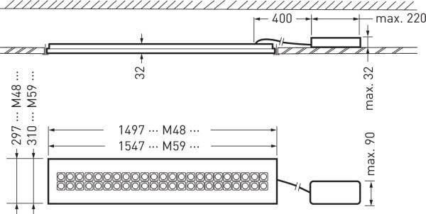 Tehnična risba podolgovatega objekta z merami. Zgoraj in ob strani označeno: '400', '32', 'maks. 32', 'maks. 220'. Spodaj: '297 ... 310', '1497 ... M48', '1547 ... M59'.