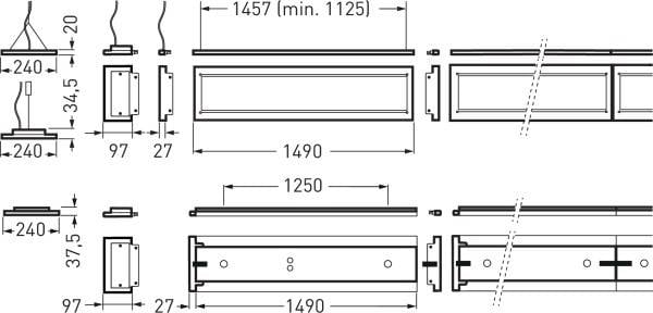 Tehnična risba svetilke z merami: dolžina 1490 mm, širina 97 mm. Navedeni podatki o montažni višini in razdalji 1250 mm.