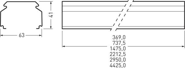 Tehnični diagram prikazuje stranski pogled levo in mere dela desno. Širina: 63, višina: 41. Dolžine: 369, 737,5, 1475, 2212,5, 2950, 4425 mm.