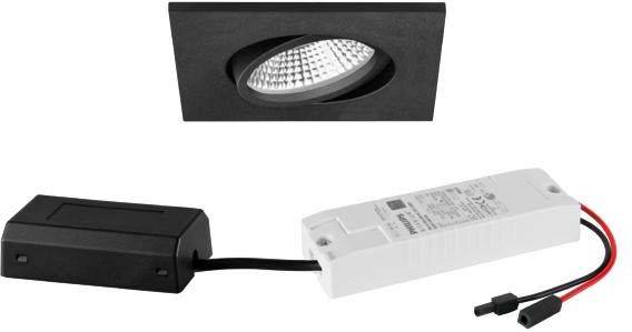 Pravokoten črn LED vgradni reflektor s prozorno zaščito; ob njem je kabel s pravokotnim priključkom in belim adapterjem.