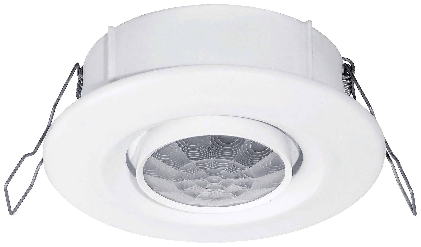 Okrogel, bel LED-vgradni reflektor z brušeno obrobo in kovinskimi sponkami na straneh, primeren za montažo na strop.