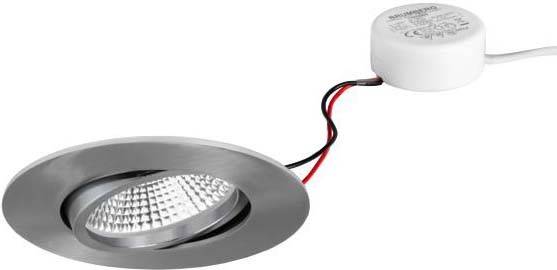 LED-spot okrogle oblike z kovinskim okvirjem in priključenim kablom leži na površini.