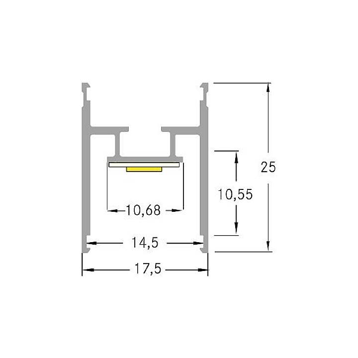 Prečni prerez aluminijaste profilirane tirnice z merami: širina 17,5 mm, višina 25 mm. Notranja širina 14,5 mm, notranja višina 10,55 mm.