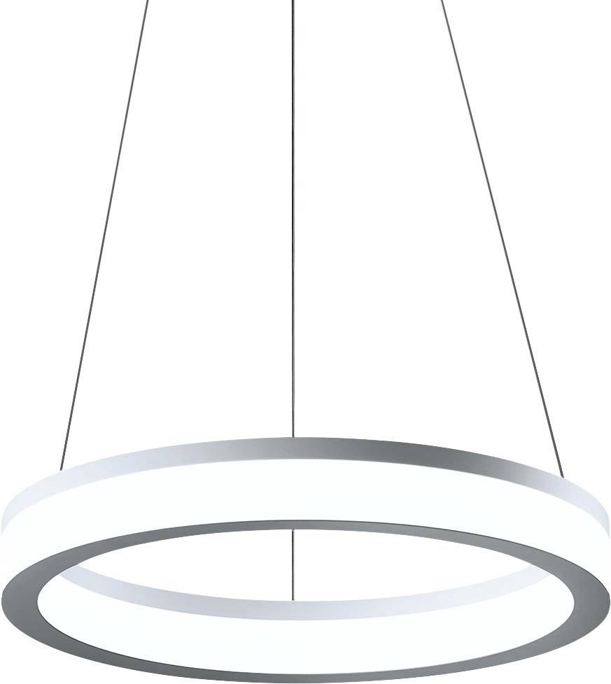 Moderna, okrogla viseča svetilka z elegantnim, minimalistično oblikovanim okvirjem iz kroma.