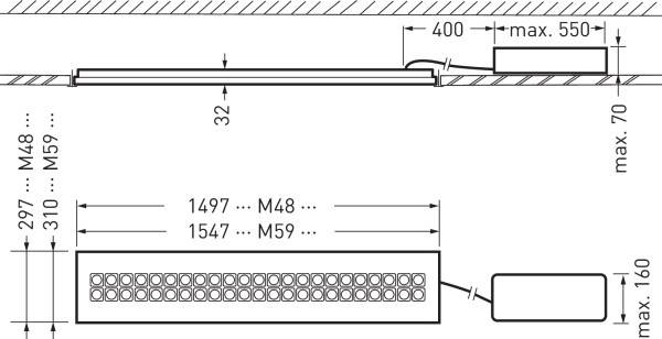 Tehnični načrt pravokotnega svetlobnega elementa s specifičnimi dimenzijami. Vsebuje mere in navodila za namestitev.