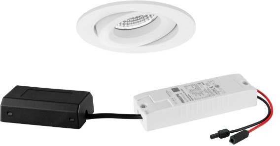 LED vgradni reflektor z belim ohišjem, povezan s pravokotno gonilno napravo. Primeren za montažo na stropu v notranjih prostorih.