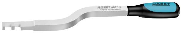 Kovinski pripomoček z črnim in turkiznim ročajem, označen z 'HAZET'. Ima ukrivljeno obliko in je izdelan v Nemčiji.