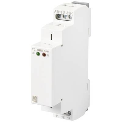Belo pravokotno električno rele-modul z zeleno in rdečo lučko za indikacijo delovnega stanja. Priključki na vrhu.