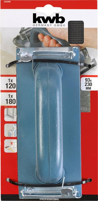 Kwb ročni brusilni blok z dvema brusnima paperjema (granulacija 120 in 180), velikost 93x230 mm. Slika prikazuje način uporabe.