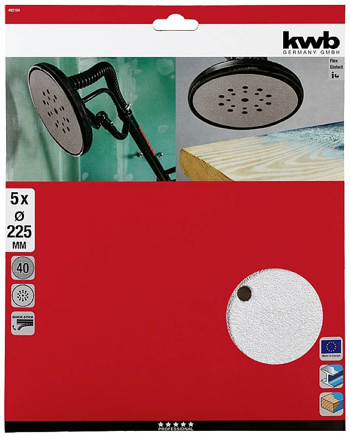 Embalaža brusilnega papirja z možnostjo ekscentričnega brušenja, ki ima sliko ekscentrskega brusilnika v zgornjem levem kotu in tehnične specifikacije: '5x Ø 225 mm, granulacija 40'.